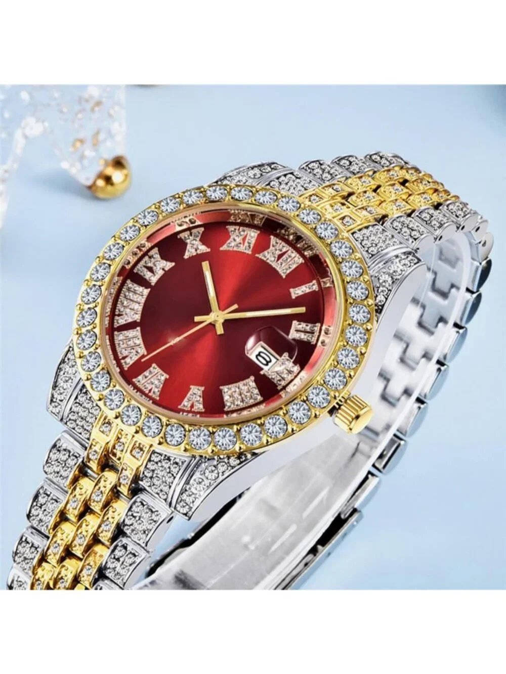 Men's Silver Red Analog Gold Crystal Rhinestone Diamond Iced-Out Bracelet Watch